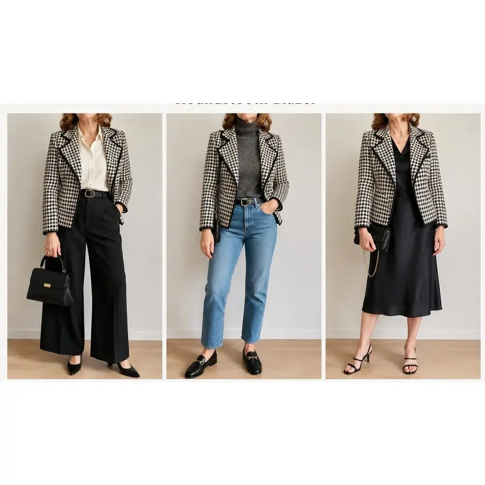 Womens Houndstooth Cropped Blazer/Jacket size 2 Linda Allard Crm/Black Classic